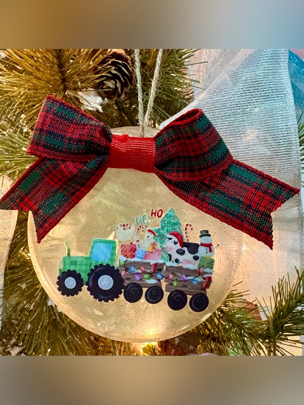 Festive Tractor Ornament with Plaid Bow - Green & Red